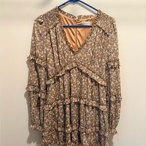Altar'd State Floral Ruffle Top Dress in Brown and Blue
